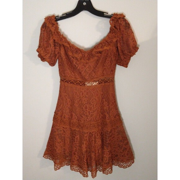 Franco Lace Puff Sleeve off the shoulder mini dress Sm Boho Feminine Cottage Cor - Picture 7 of 12